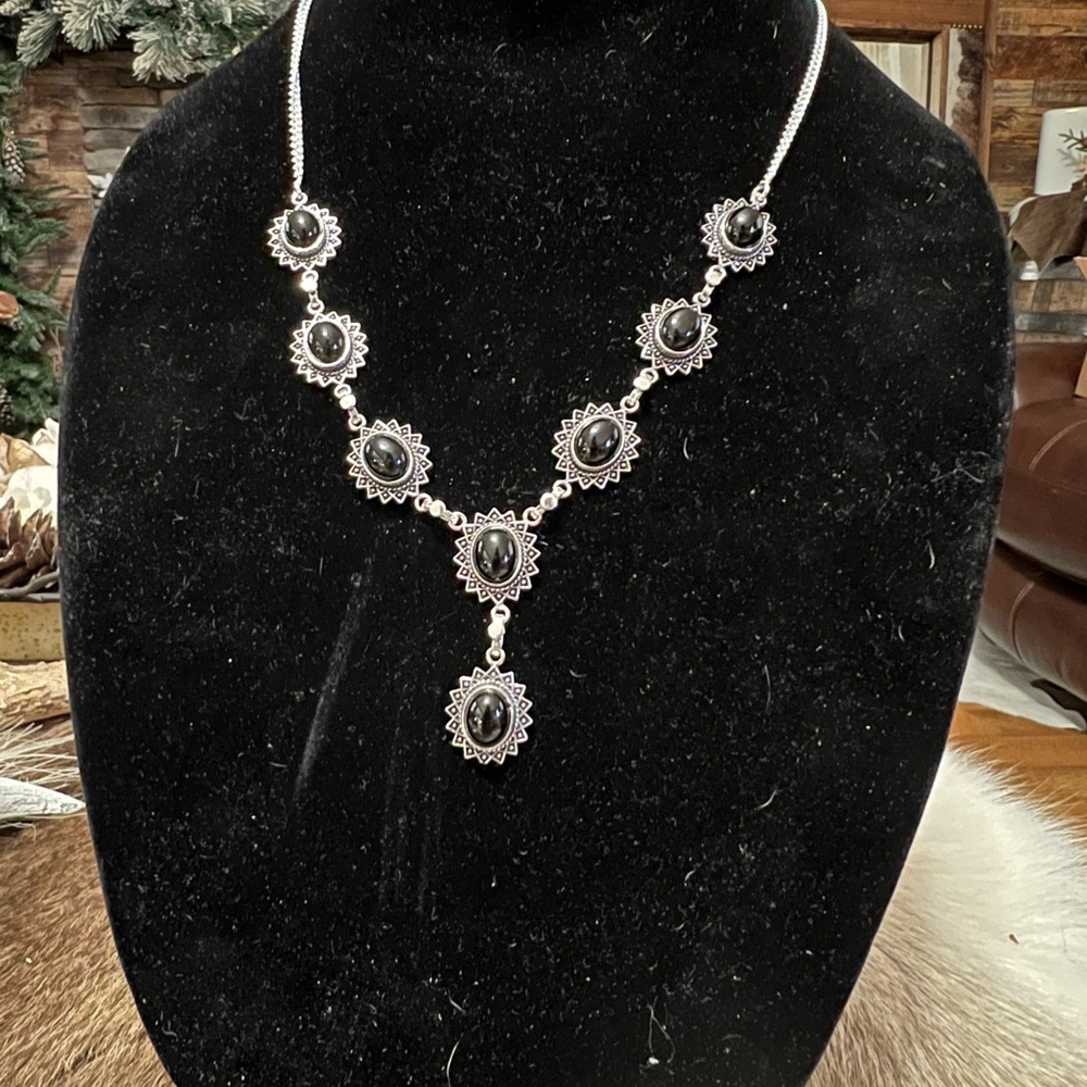 Beautiful 925 Silver Black Onyx  Y necklace